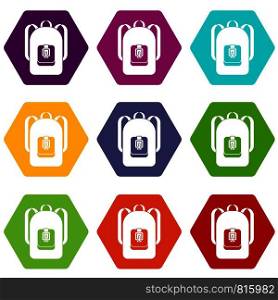 Backpack icon set many color hexahedron isolated on white vector illustration. Backpack icon set color hexahedron