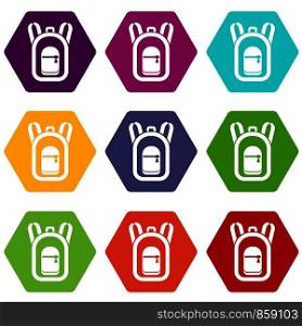 Backpack icon set many color hexahedron isolated on white vector illustration. Backpack icon set color hexahedron