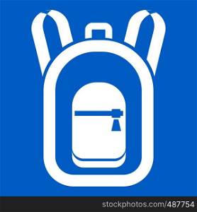 Backpack icon white isolated on blue background vector illustration. Backpack icon white