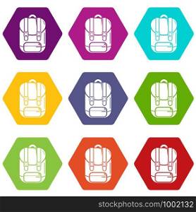 Backpack icons 9 set coloful isolated on white for web. Backpack icons set 9 vector