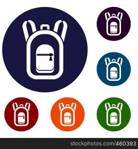 Backpack icons set in flat circle reb, blue and green color for web. Backpack icons set