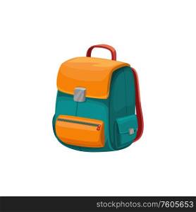 Backpack isolated pupils rucksack in orange and blue color. Vector school bag with pockets. Rucksack with pockets vector back to school bag