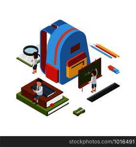 Backpack isometric. School stationary items education happy people college bag vector concept. Illustration of education college, student study and training. Backpack isometric. School stationary items education happy people college bag vector concept