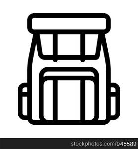 Backpack Knapsack Alpinism Equipment Vector Icon Thin Line. Compass, Mountain Direction And Burner Mountaineering Alpinism Equipment Concept Linear Pictogram. Contour Outline Illustration. Backpack Knapsack Alpinism Equipment Vector Icon