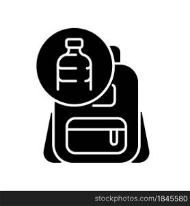 Backpack made from plastic black glyph icon. Sustainable bags. Repurposing discarded water bottles. Eco-friendly materials. Silhouette symbol on white space. Vector isolated illustration. Backpack made from plastic black glyph icon