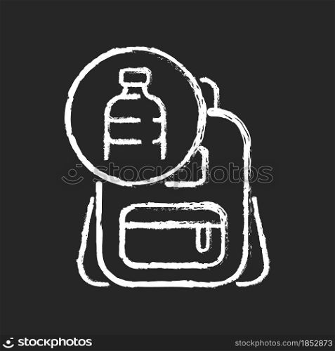 Backpack made from plastic chalk white icon on dark background. Sustainable bags. Repurposing discarded water bottles. Eco-friendly materials. Isolated vector chalkboard illustration on black. Backpack made from plastic chalk white icon on dark background