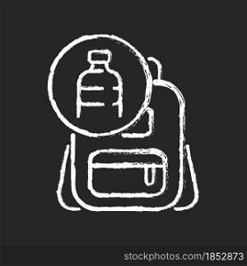 Backpack made from plastic chalk white icon on dark background. Sustainable bags. Repurposing discarded water bottles. Eco-friendly materials. Isolated vector chalkboard illustration on black. Backpack made from plastic chalk white icon on dark background