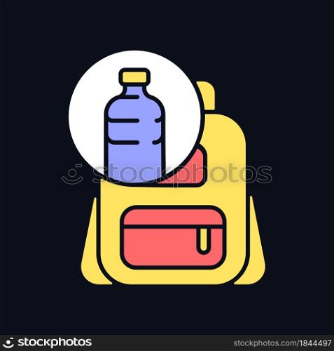 Backpack made from plastic RGB color icon for dark theme. Repurposing discarded water bottles. Isolated vector illustration on night mode background. Simple filled line drawing on black. Backpack made from plastic RGB color icon for dark theme