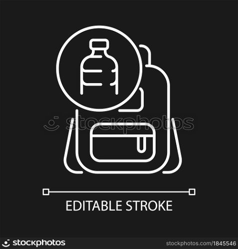 Backpack made from plastic white linear icon for dark theme. Repurposing discarded water bottles. Thin line customizable illustration. Isolated vector contour symbol for night mode. Editable stroke. Backpack made from plastic white linear icon for dark theme