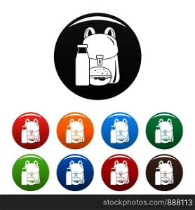 Backpack milk burger icons set 9 color vector isolated on white for any design. Backpack milk burger icons set color