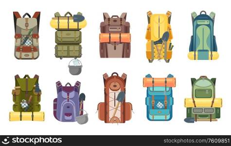 Backpack, rucksack and travel bag with tourist equipment icons of hiking, camping, tourism and outdoor adventure vector design. Backpacks with camp gears, mats, sleeping bags and knives, axes, spades. Backpack or rucksack with tourist equipment icons