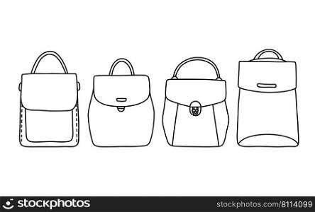 Backpack rucksack set doodle black and white simple vector illustration