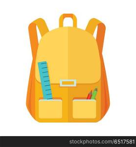 Backpack Schoolbag Icon with Notebook Ruler. Backpack schoolbag icon in flat style. Hiking backpack. Kids backpack with notebook and ruler, education and study school, rucksack, urban backpack vector illustration on white background
