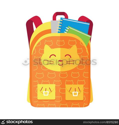 Backpack Schoolbag Icon with Notebook Ruler. Backpack schoolbag icon with a cat in flat style. Hiking backpack. Kids backpack with notebook and ruler, education and study school, rucksack, urban backpack vector illustration on white background