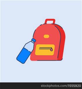 Backpack semi flat RGB color vector illustration. Small red and yellow rucksack for tourism and camping activities. Tourist bag with water isolated cartoon object on blue background. Backpack semi flat RGB color vector illustration