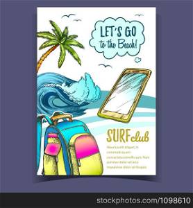 Backpack, Smartphone, Palm And Wave Banner Vector. Mobile Phone, Ocean Wave, Tropical Tree And Birds On Beach Coastline Surf Club Colored Advertising Poster. Designed Flyer Illustration. Backpack, Smartphone, Palm And Wave Banner Vector