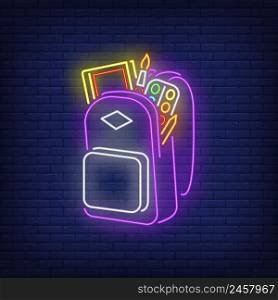 Backpack with artist&rsquo;s materials neon sign. Artist, studies, school. Vector illustration in neon style for topics like art, painting, education