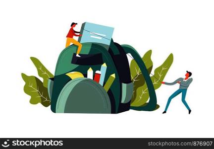 Backpack with books and pencil for school vector. People male and female pulling textbook, organizing supplies, foliage and leaves decoration. Satchel with pen and memo stickers for making notes. Backpack with books and pencil for school vector