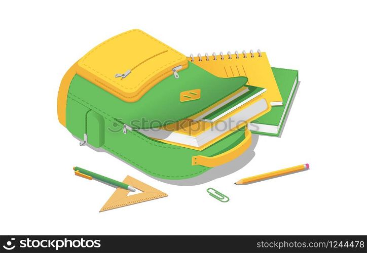Backpack with books and school supplies in isometric isolated