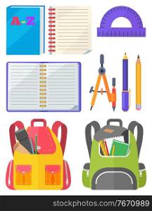 Backpack with chancellery, dividers and pen with pencil, notebook and ruler. School bag with chancery, educational element on white, sticker vector. Back to school concept. Flat cartoon. School Bag with Chancellery, Office Sign Vector