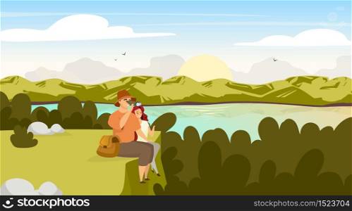 Backpacker couple flat vector illustration. Hikers on green hill. Man with binoculars, woman on mountain peak. Sunrise on river stream. Panoramic landscape scene. Tourist group cartoon characters