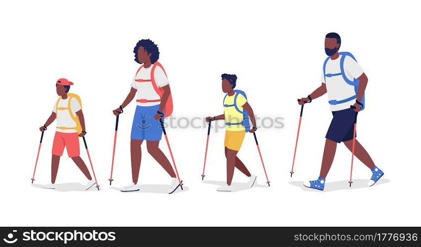 Backpacker family hiking semi flat color vector characters. Parents and kids figures. Full body people on white. Trip isolated modern cartoon style illustration for graphic design and animation. Backpacker family hiking semi flat color vector characters