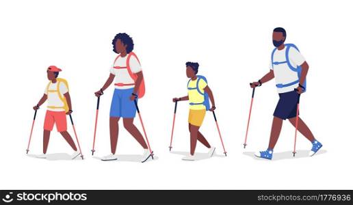 Backpacker family hiking semi flat color vector characters. Parents and kids figures. Full body people on white. Trip isolated modern cartoon style illustration for graphic design and animation. Backpacker family hiking semi flat color vector characters