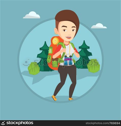 Backpacker with backpack and binoculars walking outdoor. Backpacker hiking in the forest during trip. Backpacker traveling in nature. Vector flat design illustration in circle isolated on background.. Woman with backpack hiking vector illustration.