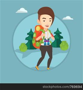 Backpacker with backpack and binoculars walking outdoor. Backpacker hiking in the forest during trip. Backpacker traveling in nature. Vector flat design illustration in circle isolated on background.. Woman with backpack hiking vector illustration.