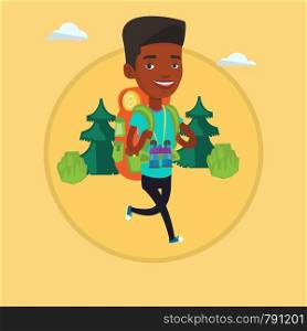 Backpacker with backpack and binoculars walking outdoor. Backpacker hiking in the forest during trip. Backpacker traveling in nature. Vector flat design illustration in circle isolated on background.. Man with backpack hiking vector illustration.