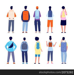 Backpackers characters. Travelling equipment, people backpack on back. Travel person stand with their backs, hiking or vacations utter vector set. Illustration character with backpack and equipment. Backpackers characters. Travelling equipment, people backpack on back. Travel person stand with their backs, hiking or vacations utter vector set