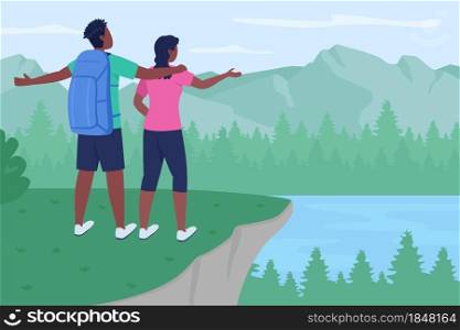 Backpackers on mountain peak flat color vector illustration. Recreational adventure. Tourists together. Hugging couple enjoying view 2D cartoon characters with landscape on background. Backpackers on mountain peak flat color vector illustration