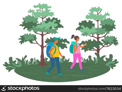 Backpackers traveling through forest vector, man and woman with backpacks in park, trees and grass. Journey of male and female, hobby outside interest. Couple Traveling People with Backpacks Backpackers