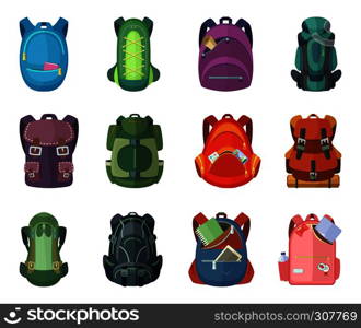 Backpacks for school and hiking. Vector illustration in flat style. Backpack, and rucksack for school and adventure travel. Backpacks for school and hiking. Vector illustration in flat style