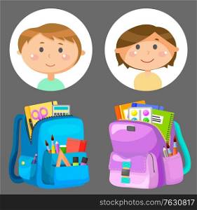 Backpacks or schoolbags with stationery, school children avatars. Rucksacks with books, girls and boys, sticker of smiling pupils or students, classmates and bags. Back to school concept. Flat cartoon. Schoolbags and School Children Avatars, Stationery