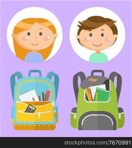 Backpacks or schoolbags with stationery, school children avatars. Rucksacks with books, girls and boys, sticker of smiling pupils or students, classmates and bags. Back to school concept. Flat cartoon. Schoolbags and School Children Avatars, Stationery