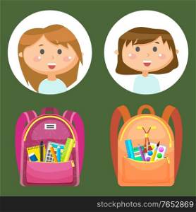 Backpacks or schoolbags with stationery, school children avatars, girls classmates vector. Rucksacks with pen and pencil, paintbrush and ruler, copybook. Back to school concept. Flat cartoon. Girls Classmates Avatars and Schooolbags, Children