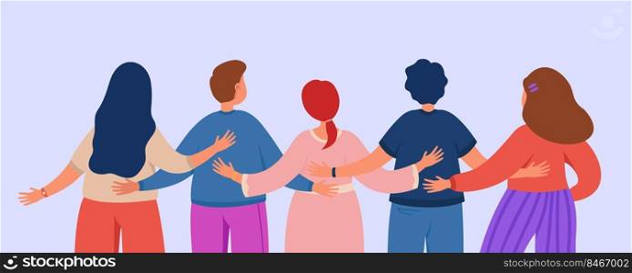 Backs of friends or team of colleagues hugging. Crowd of cartoon characters from behind flat vector illustration. Communication, community, diversity concept for banner, website design or landing page