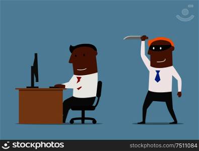 Backstab knife, betrayal of business partner or competitor theme design. Man in black mask sneaking with knife to the rival businessman . Backstab or betrayal of competitor business design