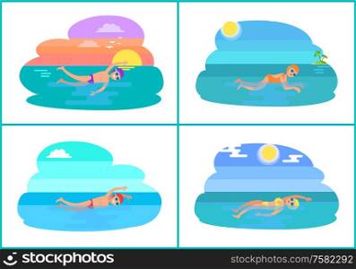 Backstroke and breaststroke, butterfly and freestyle swimming methods. Professionals in water practicing strokes. Sportive males and females vector. Backstroke and Breaststroke Vector Illustration