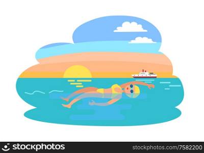 Backstroke professional woman swimming activities in water. Sportive lady in suit, sportswoman making stroke. Sea with yacht and ship transport vector. Backstroke Professional Woman Vector Illustration