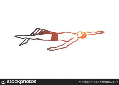 Backstroke, swim, sport, pool, competition concept. Hand drawn man swimming backstroke concept sketch. Isolated vector illustration.. Backstroke, swim, sport, pool, competition concept. Hand drawn isolated vector.
