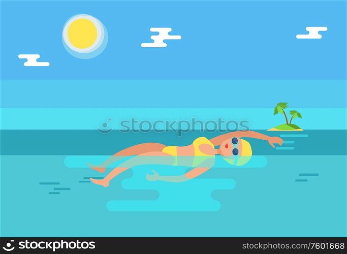 Backstroke swimmer in sea water performing stroke. Female sportswoman swimming by island with growing tropical palm tree. Professional sport vector. Backstroke Swimmer in Water Vector Illustration