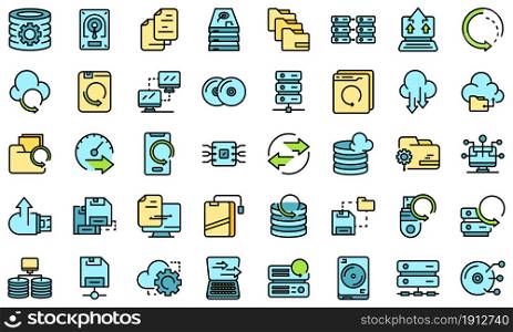 Backups icons set. Outline set of backups vector icons thin line color flat on white. Backups icons set vector flat