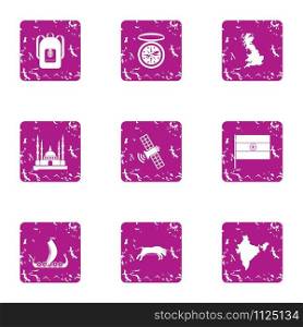 Backward country icons set. Grunge set of 9 backward country vector icons for web isolated on white background. Backward country icons set, grunge style