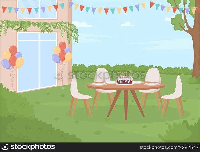 Backyard birthday party flat color vector illustration. Summertime activities. Gifts and helium balloons. Backyard summer party 2D simple cartoon landscape with decorated yard on background. Backyard birthday party flat color vector illustration