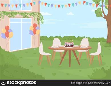 Backyard birthday party flat color vector illustration. Summertime activities. Gifts and helium balloons. Backyard summer party 2D simple cartoon landscape with decorated yard on background. Backyard birthday party flat color vector illustration