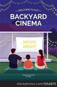 Backyard cinema poster template. Family watching film outside. Commercial flyer design with semi flat illustration. Vector cartoon promo card. Open air cinema advertising invitation. Backyard cinema poster template