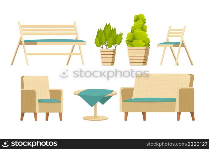 Backyard furniture set, comfortable armchair, sofa, wooden bench, table with tablecloth and plants in cartoon style isolated on white background. Luxury collection, patio leisure. Vector illustration