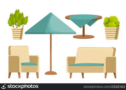 Backyard furniture set, comfortable armchair, sofa, wooden bench, table with tablecloth and plants in cartoon style isolated on white background. Luxury collection, patio leisure. Vector illustration